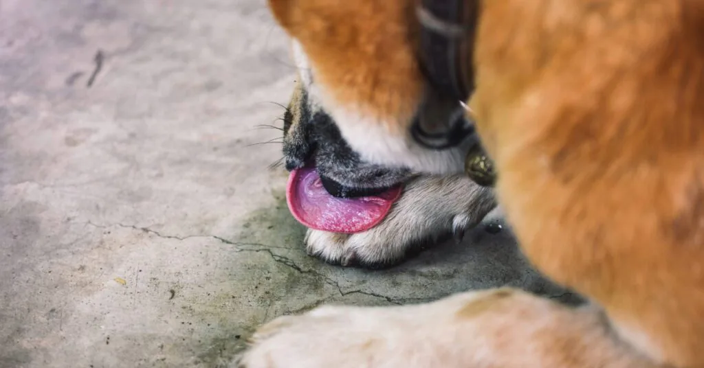 close up of dog laying on the ground licking his paws