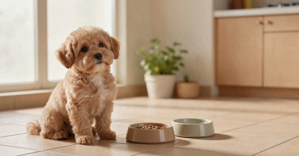 puppy sitting by a filled food bowl on the floor at home